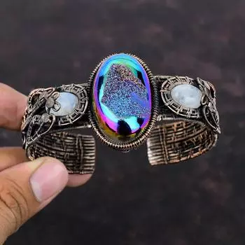 Титановый браслет Druzy Браслет-манжета из медной проволоки Регулируемый браслет Радужный браслет из лунного камня Драгоценный камень Медный браслет ручной работы Дизайнерские украшения