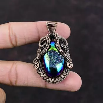 Титановый кулон Друзы , кулон из медной проволоки, медные украшения ручной работы, кулон из натурального драгоценного камня, замечательный ювелирный подарок из проволочной обмотки, подарок для него