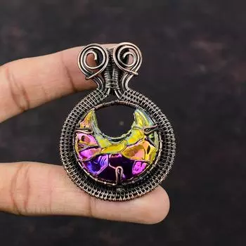 Титановый кулон Друзы , кулон из медной проволоки, медные украшения, изысканный кулон, обернутый проволокой, ювелирные изделия ручной работы, кулон с драгоценным камнем, подарок для него