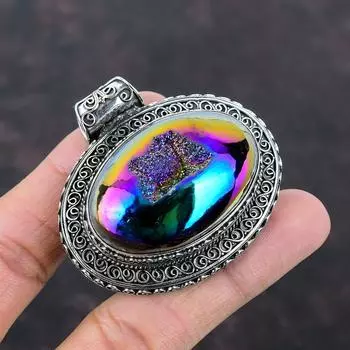 Титановый кулон с друзами, винтажный кулон, ювелирные изделия из драгоценных камней, подвеска из стерлингового серебра 925 пробы, элегантный кулон ручной работы, дизайнерский ювелирный подарок для мамы