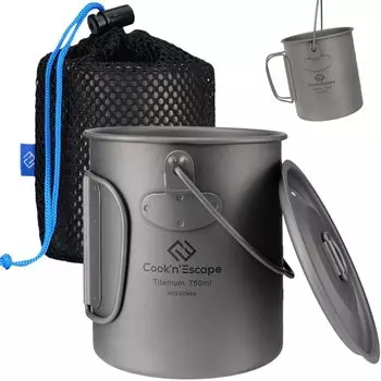 Титановый пресс 750 мл, походная посуда, совместимая с огнем, в комплект входит складная сумка для хранения, кружка COOK N ESCAPE/французская легкая/открытая крышка, ручка,