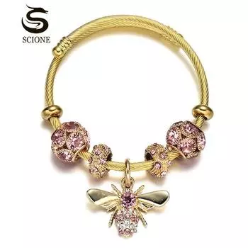 Титановый стальной золотой браслет, регулируемый пчелиный блестящий бриллиантовый шар, подарок для любовника подруги 5.5-6.8cm розовый