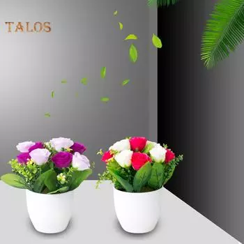 TK Искусственная роза Поддельный цветок Бонсай в горшке Домашнее кафе Сад Декоративный орнамент пурпурно красный