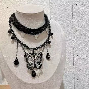 Ткач снов: Ожерелье ручной работы «Черная бабочка» с бриллиантовым воротником-кисточкой – универсальные ювелирные изделия высокого класса 41cm (inclusive) - 50cm (inclusive) медный