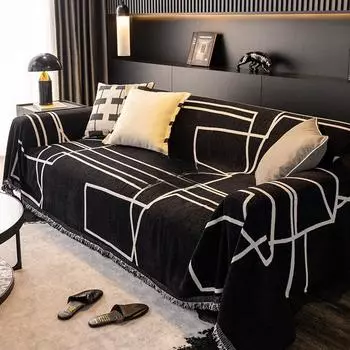 Ткань для чехла на диван из синели, универсальное черное грязеотталкивающее полотенце для дивана Four Seasons, простой современный чехол для дивана с геометрической линией 180*130cm