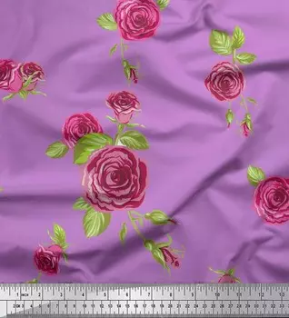 Ткань для рукоделия с принтом листьев и остинских роз Soimoi, японский креп-сатин, ширина 42 дюйма по метрам 42 Inch Wide - Poly Crepe синий