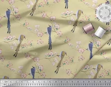 Ткань для рукоделия Soimoi Beige Poly Crepe Fabric Blossom & Paradise Whydah с принтом птиц на метраж 42 дюйма 42 Inch Wide - Poly Crepe бежевый