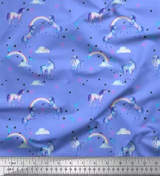 Ткань для рукоделия Soimoi Blue Japan Crepe Satin Fabric Единорог и радуга с принтом природы на метр 42 дюйма 42 Inch Wide - Poly Crepe синий