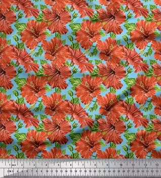 Ткань для рукоделия Soimoi Blue Japan креп-сатин с листьями и цветочным принтом на метр 42 дюйма 42 Inch Wide - Poly Crepe синий