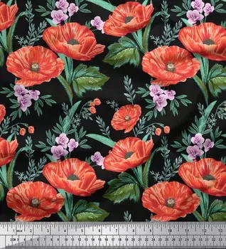 Ткань для рукоделия Soimoi черная японская креп-сатиновая ткань с цветочным принтом в виде листьев и мака на метр 42 дюйма 42 Inch Wide - Poly Crepe фиолетовый