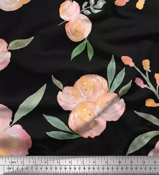 Ткань для рукоделия Soimoi, черный японский креп-сатин с листьями и лютиками и акварельным принтом, 42 дюйма 42 Inch Wide - Poly Crepe чёрный