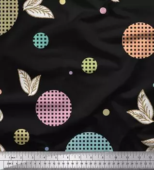 Ткань для рукоделия Soimoi, черный японский креп-сатин в клетку, с принтом листьев и точек, 42 дюйма 42 Inch Wide - Poly Crepe чёрный