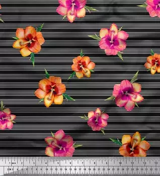 Ткань для рукоделия Soimoi, черный японский креп-сатин в полоску и фрезию с цветочным принтом, 42 дюйма 42 Inch Wide - Poly Crepe чёрный