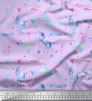 Ткань для рукоделия Soimoi фиолетового японского креп-сатина с принтом облаков и единорогов и животных 42 дюйма 42 Inch Wide - Poly Crepe фиолетовый