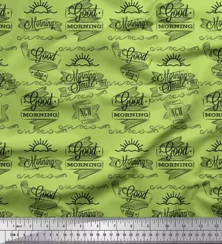 Ткань для рукоделия Soimoi Green Japan креп-атласная ткань с принтом солнца и текста на метраже 42 дюйма 42 Inch Wide - Poly Crepe зелёный