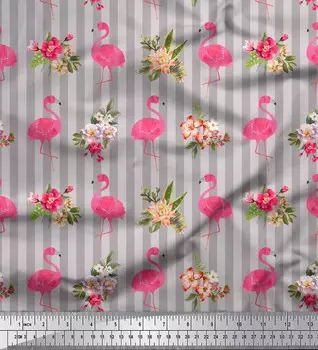 Ткань для рукоделия Soimoi Grey Japan Crepe Satin в полоску и с цветочным принтом фламинго на метр 42 дюйма 42 Inch Wide - Poly Crepe серый