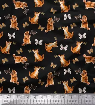 Ткань для рукоделия Soimoi Japan Crepe Satin с принтом бабочек и кошек, ткань для рукоделия на метраж, 42 дюйма 42 Inch Wide - Poly Crepe зелёный