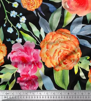 Ткань для рукоделия Soimoi Japan Crepe Satin с принтом листьев, гвоздики и цветов камелии на метр 42 дюйма 42 Inch Wide - Poly Crepe синий