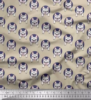 Ткань для рукоделия Soimoi Japan Crepe Satin Circle & French Bull Dog с принтом на метр 42 дюйма 42 Inch Wide - Poly Crepe бежевый