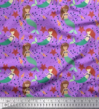 Ткань для рукоделия Soimoi Japan Crepe Satin Fabric с принтом русалки и морской звезды на метр 42 дюйма 42 Inch Wide - Poly Crepe фиолетовый