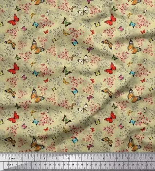 Ткань для рукоделия Soimoi Japan Crepe Satin Fabric с принтом цветов и бабочек и бабочками на метр 42 дюйма 42 Inch Wide - Poly Crepe бежевый