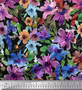 Ткань для рукоделия Soimoi Japan Crepe Satin с цветочным принтом и листьями, ткань для рукоделия с акварельным принтом на метр, 42 дюйма 42 Inch Wide - Poly Crepe синий