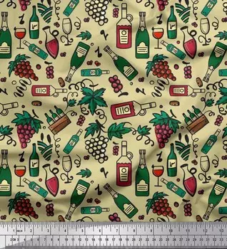 Ткань для рукоделия Soimoi Japan Crepe Satin, бутылка вина и стеклянный батончик с принтом, ткань для рукоделия с принтом на метр 42 дюйма 42 Inch Wide - Poly Crepe бежевый