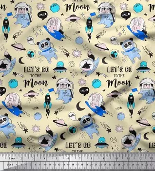 Ткань для рукоделия Soimoi Japan Crepe Satin Planet, Rocket & Astronaut Animals с мультяшным принтом на метр 42 дюйма 42 Inch Wide - Poly Crepe зелёный