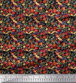 Ткань для рукоделия Soimoi Japan креп-атлас с листьями и цветочным художественным принтом на метр 42 дюйма 42 Inch Wide - Poly Crepe чёрный