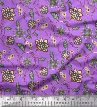 Ткань для рукоделия Soimoi Japan креп-атлас с листьями и цветочным художественным принтом на метр 42 дюйма 42 Inch Wide - Poly Crepe фиолетовый
