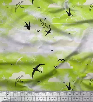 Ткань для рукоделия Soimoi Japan креп-сатин с принтом облаков и летящих быстрых птиц шириной 42 дюйма по метрам 42 Inch Wide - Poly Crepe синий
