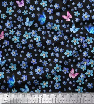 Ткань для рукоделия Soimoi Japan креп-сатин с бабочками и миосотисом с цветочным принтом шириной 42 дюйма по метрам 42 Inch Wide - Poly Crepe красный