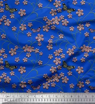 Ткань для рукоделия Soimoi Japan креп-сатин с бабочками и барвинком с цветочным принтом шириной 42 дюйма по метрам 42 Inch Wide - Poly Crepe бежевый