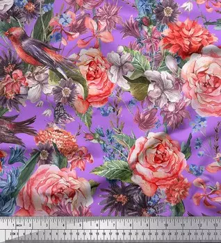 Ткань для рукоделия Soimoi, японский креп-сатин с принтом птиц, листьев и цветов бегонии, 42 дюйма на метр 42 Inch Wide - Poly Crepe фиолетовый