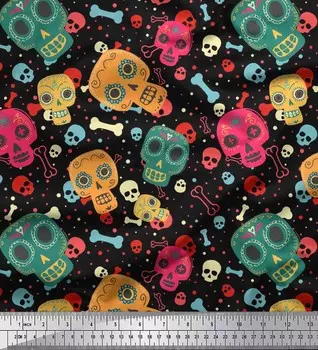 Ткань для рукоделия Soimoi, японский креп-сатин с принтом в горошек, кости и черепа, 42 дюйма 42 Inch Wide - Poly Crepe чёрный