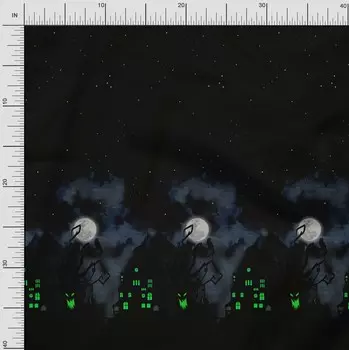 Ткань для рукоделия Soimoi, японский креп-сатин, дерево | Луна и дом с привидениями, панель с принтом, 42 дюйма по метрам 42 Inch Wide - Poly Crepe синий