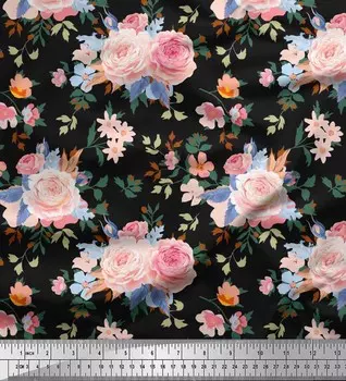Ткань для рукоделия Soimoi, японский креп-сатин с листьями, барвинком и пионом, с цветочным принтом, 42 дюйма 42 Inch Wide - Poly Crepe чёрный