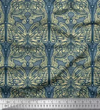 Ткань для рукоделия Soimoi, японский креп-сатин в горошек и с художественным принтом бабочек, 42 дюйма 42 Inch Wide - Poly Crepe синий