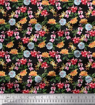 Ткань для рукоделия Soimoi, японский креп-сатин с листьями, пионами и магнолией, с цветочным принтом, 42 дюйма 42 Inch Wide - Poly Crepe чёрный