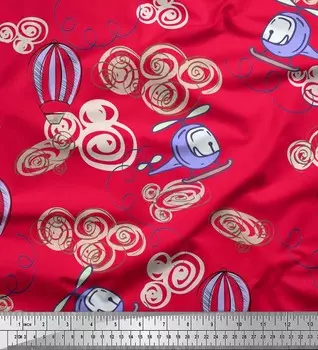 Ткань для рукоделия Soimoi, японский креп-сатин с принтом «Облака, воздушные шары и вертолеты», 42 дюйма, по метрам 42 Inch Wide - Poly Crepe красный