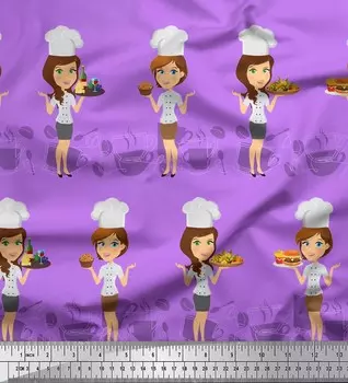 Ткань для рукоделия Soimoi, японский креп-сатин с принтом «Девушка-повар» шириной 42 дюйма по метрам 42 Inch Wide - Poly Crepe синий