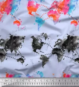 Ткань для рукоделия Soimoi синего японского креп-сатина с текстом и картой, с акварельным принтом, 42 дюйма 42 Inch Wide - Cotton Voile синий