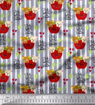 Ткань для творчества Soimoi, японский креп-сатин в полоску, плюшевый мишка и жизнь лучше с друзьями, с текстовым принтом, 42 дюйма 42 Inch Wide - Poly Crepe оранжевый