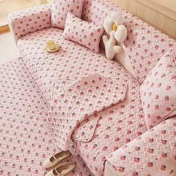 Ткань Хлопок Кожа Диван Полотенце Подушка для сиденья Нескользящая Круглый год Нейтральный Современный Минималистичный Чистый Чехол Для сидения Защита от царапин Пасторальный Чехол White(Twill Cotton Strawberry) 70*70cm