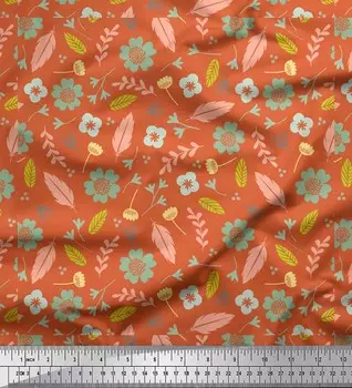 Ткань из японского креп-сатина Soimoi Orange с листьями и примулой обыкновенной с цветочным принтом, 42 дюйма по метрам 42 Inch Wide - Cotton Voile оранжевый