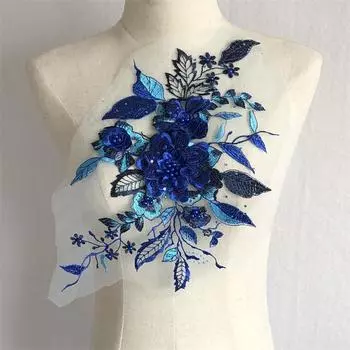 Ткань Патч Вышивка Ткани Стразы Сетка Цветок Бисер Ремонт Одежды Кружевное Платье 37*23cm сапфир синий