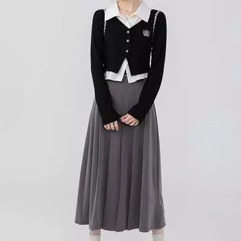 [Ткань саржа TR] Летний и осенний женский новый костюм большого размера, топ-футболка с тонкими плечами, юбка с высокой талией S