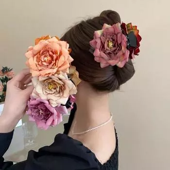 Ткань Заколки для волос в виде розы Темперамент Зажимы для челюстей из смолы Розы Цветы Когти для волос Аксессуары для волос Преувеличенные заколки для волос Принцесса