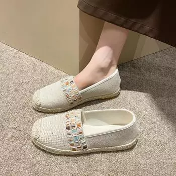 Тканая рыбацкая обувь для женщин, новые парусиновые туфли без шнуровки в стиле ретро, женские уличные легкие женские лоферы на платформе, корейские 40 белый