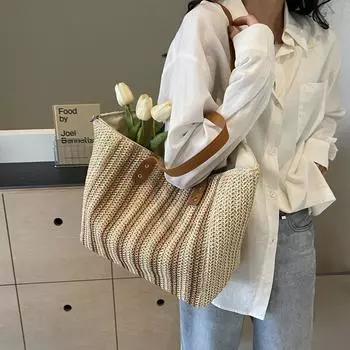 Тканая сумка большой емкости, женская соломенная большая сумка для пляжного отдыха синий